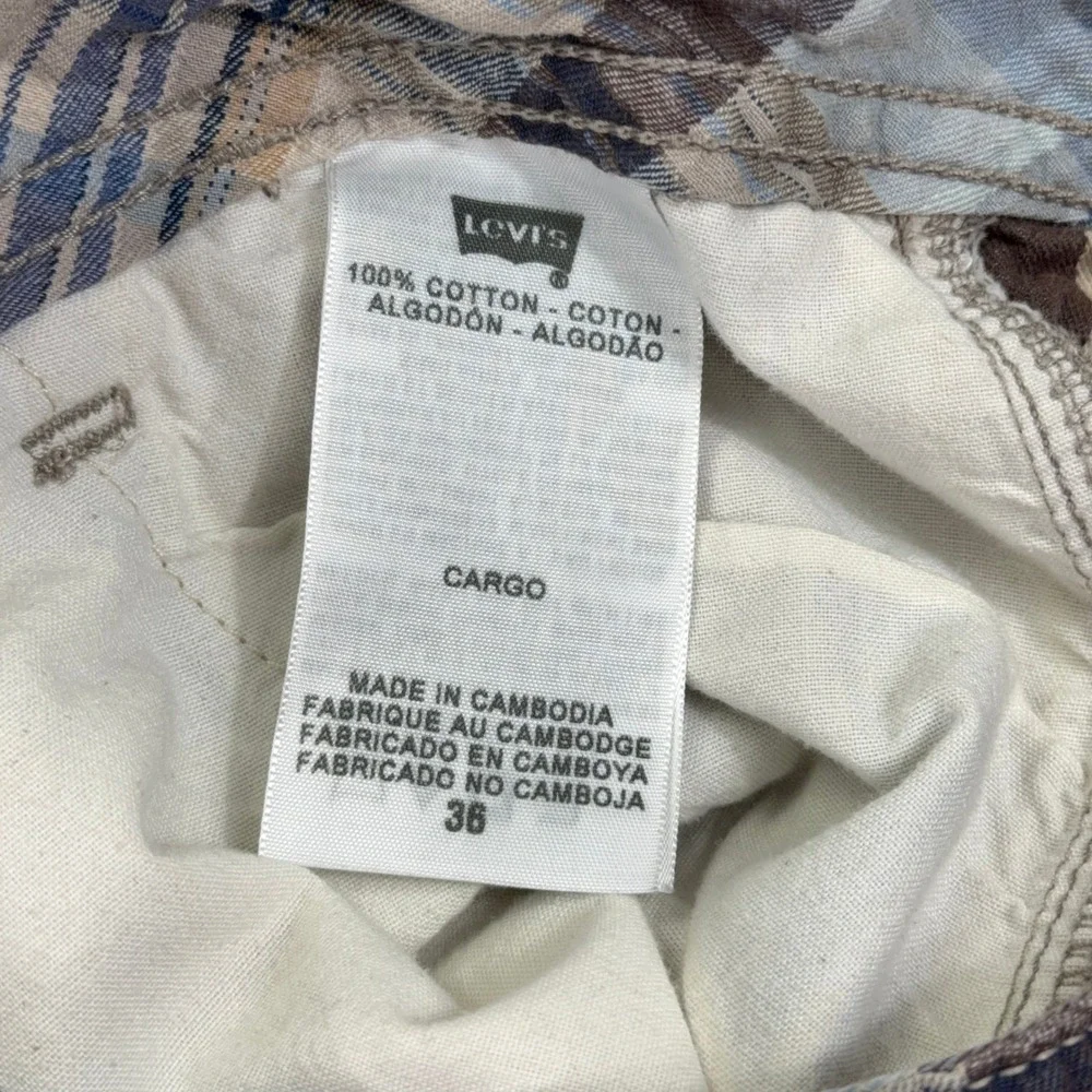 Levis Cargo Shorts Plaid Cotton Multi-Pocket Outdoor Casual‎ Size 36 Blue Brown